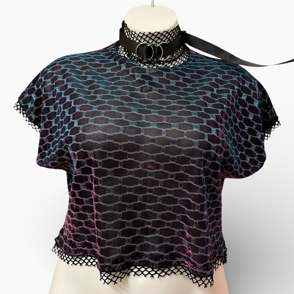 Devil Fashion Tops - Devil Fashion Black Iridescent Mesh Women Crop Top Removable Leash/Collar NWT
